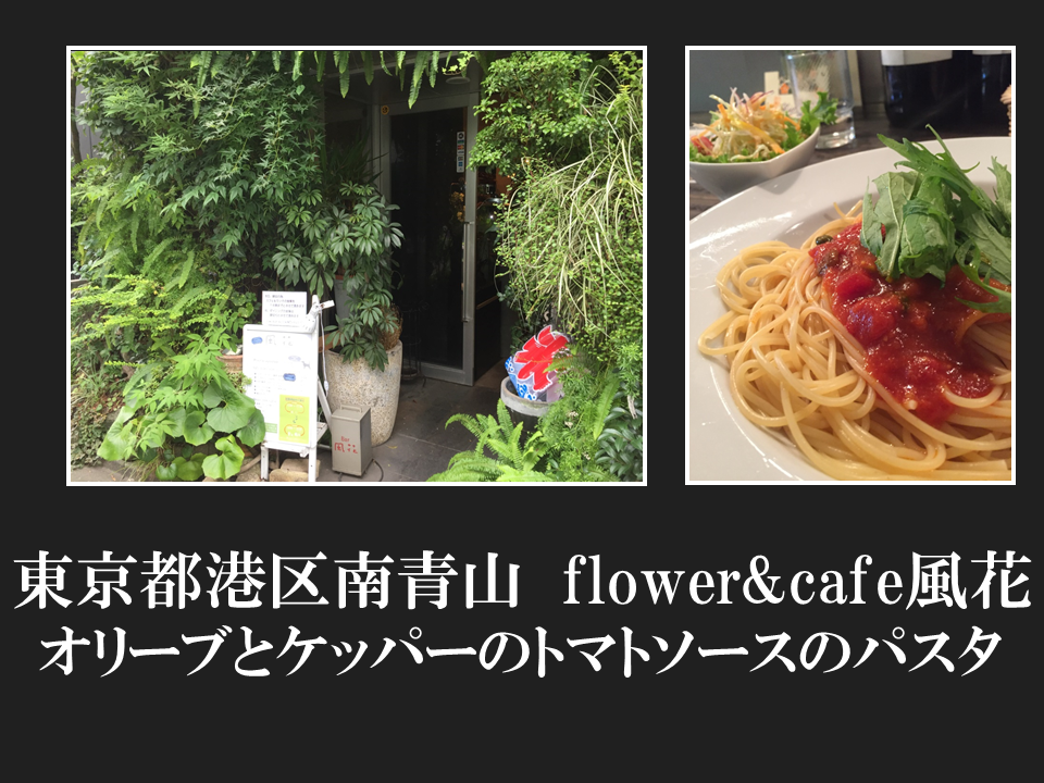 東京都港区南青山　flower&cafe風花さんオリーブとケッパーのトマトソースのパスタ